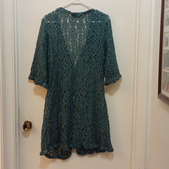 Scully Ladies BOHO Lace Flare Duster. Soft teal blue and gray. Gently used. - Picture 2 of 5